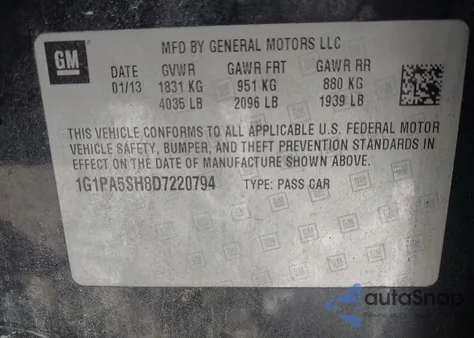 2013 Chevrolet Cruze Ls Auto из США, поврежденный, VIN 1G1PA5SH8D7220794